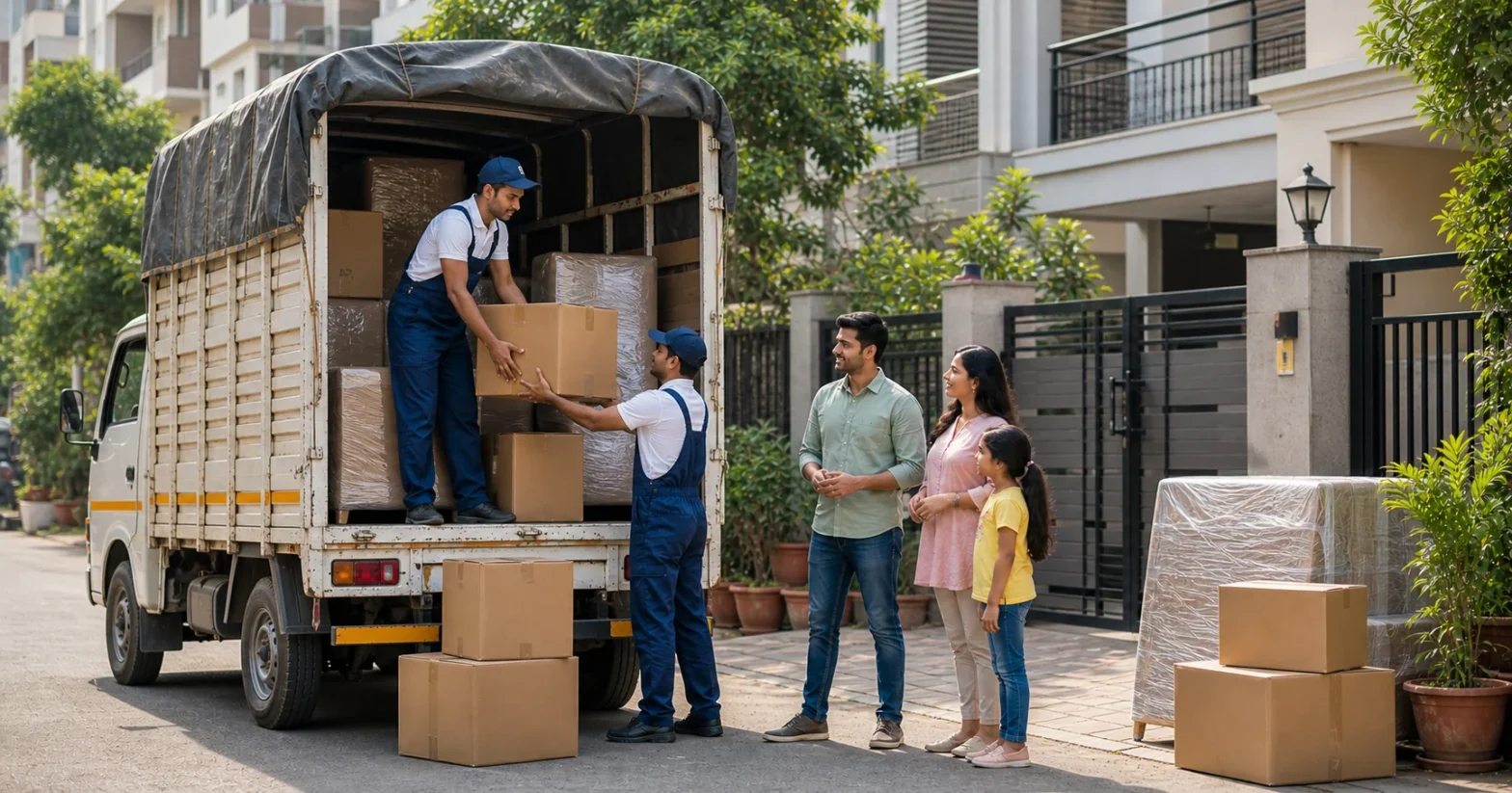 Local packers and movers in Ghaziabad loading household goods into a covered tempo