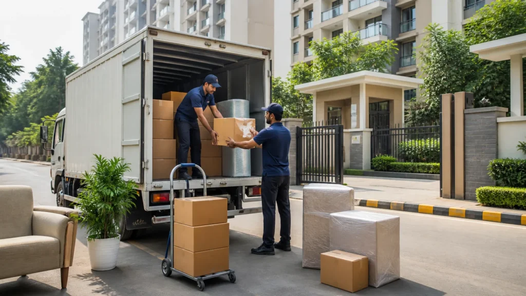 Packers and movers in Vaishali Ghaziabad loading household goods near apartment building