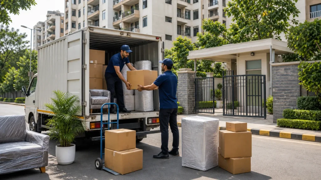 Packers and movers in Vasundhara Ghaziabad loading household goods near apartment society gate