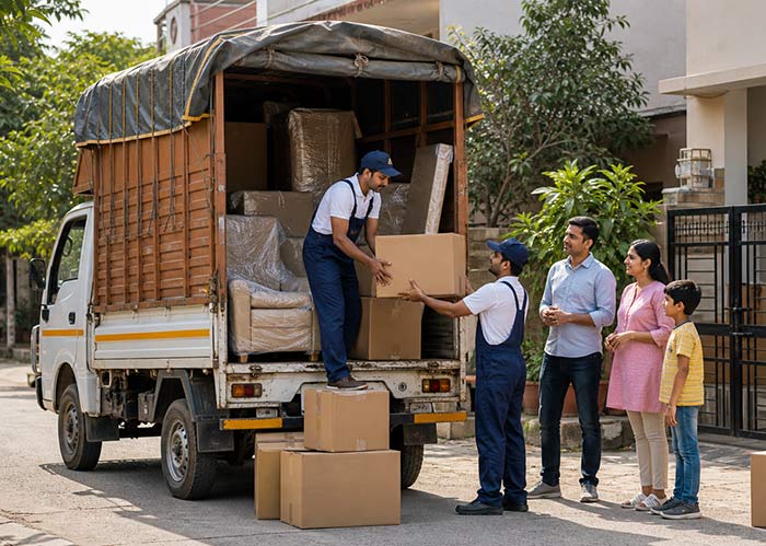 Local packers and movers in Saharanpur loading household goods into a covered tempo