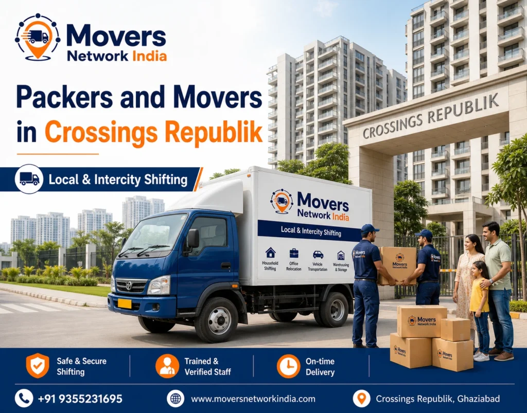 Movers Network India packers and movers service in Crossings Republik with moving truck and apartment relocation scene