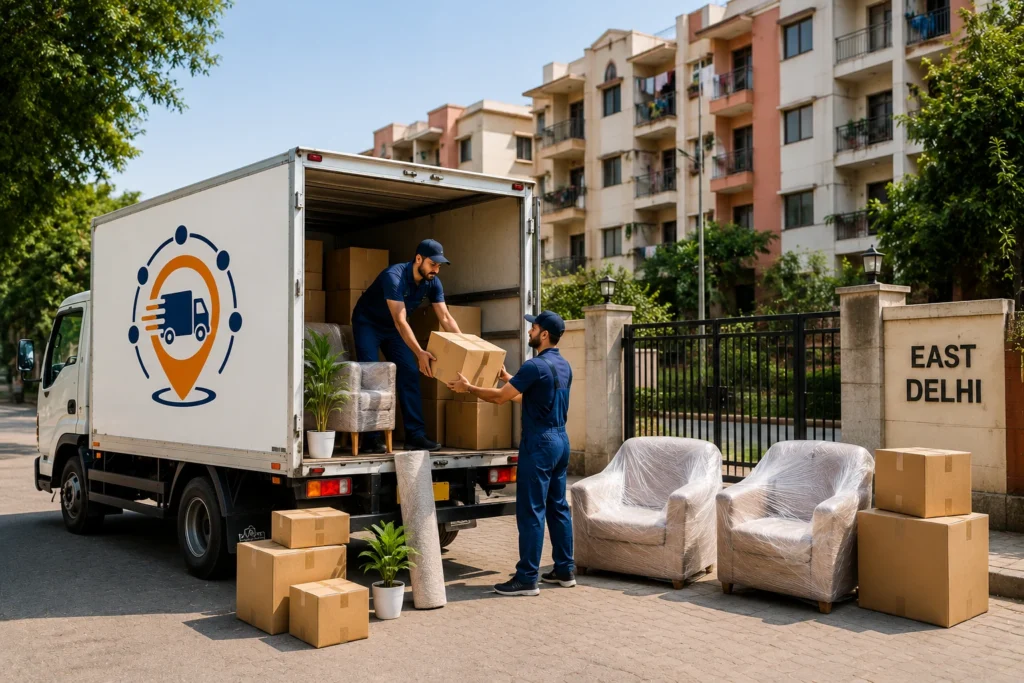 Movers Network India logo on a moving truck, with movers loading boxes and wrapped furniture outside an East Delhi residential apartment complex.