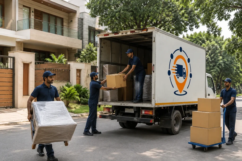 Movers Network India moving truck with logo, movers loading packed boxes and wrapped furniture outside a South Delhi residential building.