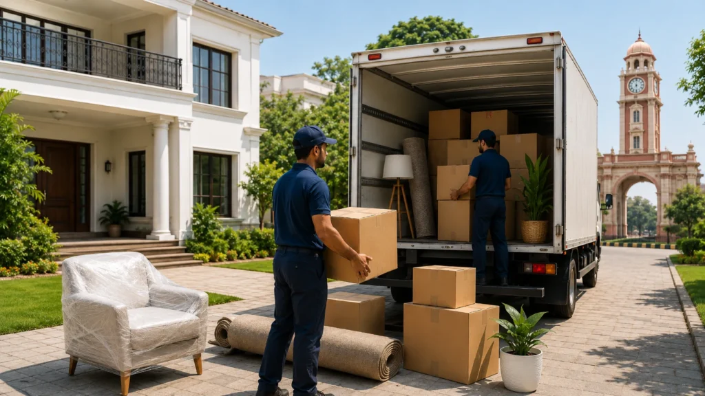 Packers and movers in Ambala loading household items into a moving truck near Ambala city landmark.