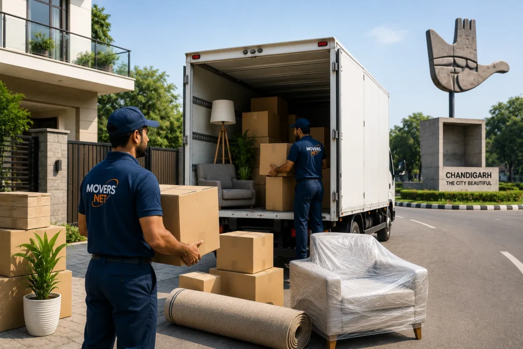 Packers and movers in Chandigarh loading household items into a moving truck near the Open Hand Monument.
