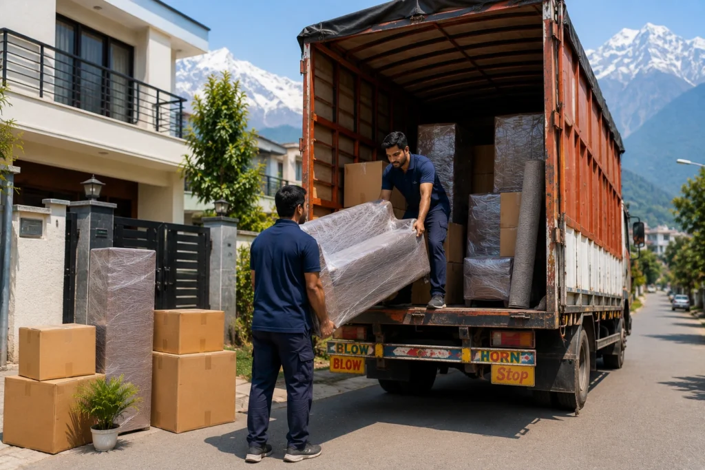 Packers and movers in Dehradun unloading wrapped household furniture and boxes from relocation truck near a residential house with mountain views.
