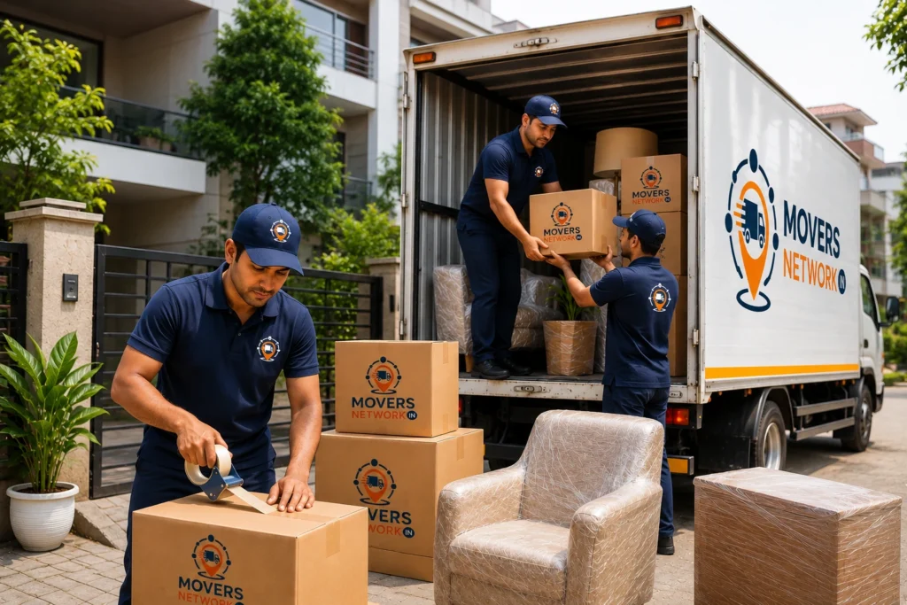 Packers and movers in Govindpuram loading household boxes and packed furniture into a moving truck