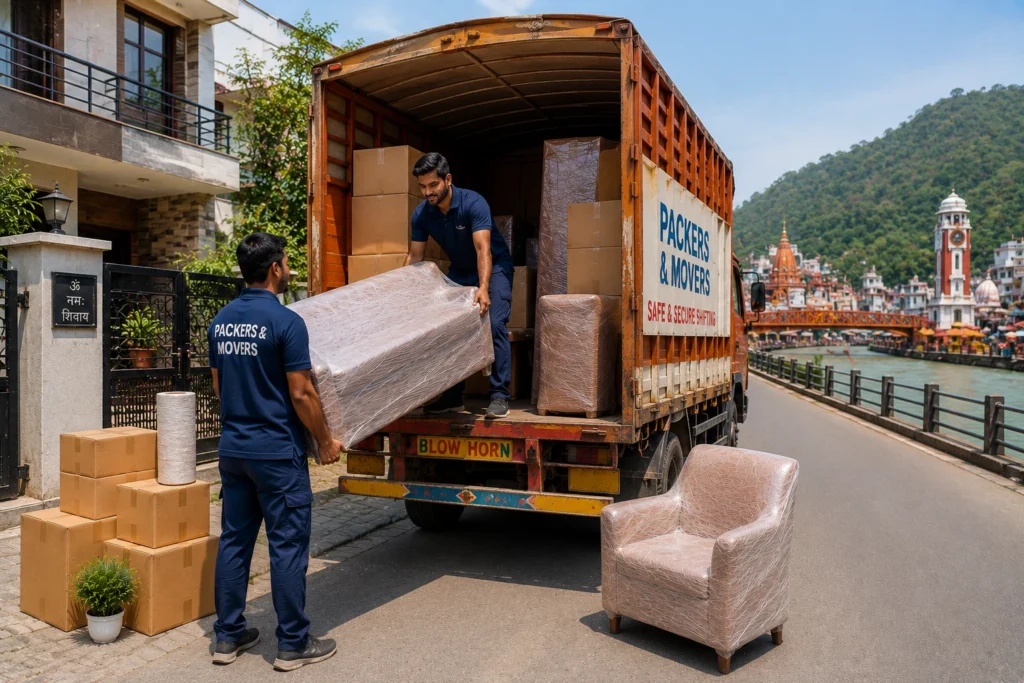Packers and movers in Haridwar loading wrapped furniture and boxes into relocation truck near a residential area and riverfront.
