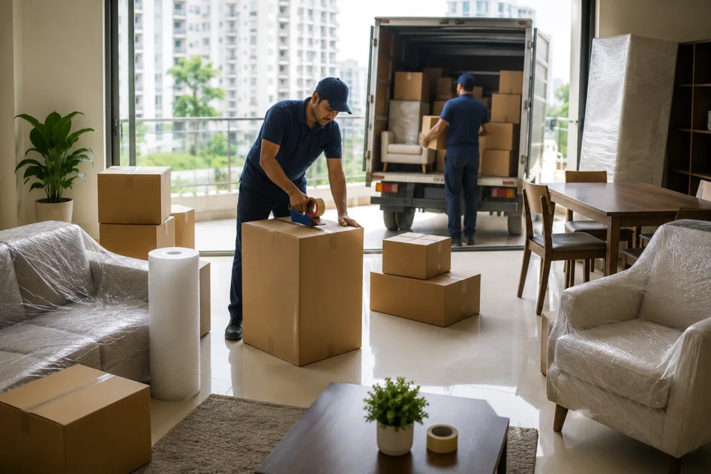 Packers and movers team packing household items and loading boxes into a moving truck in Kaushambi.