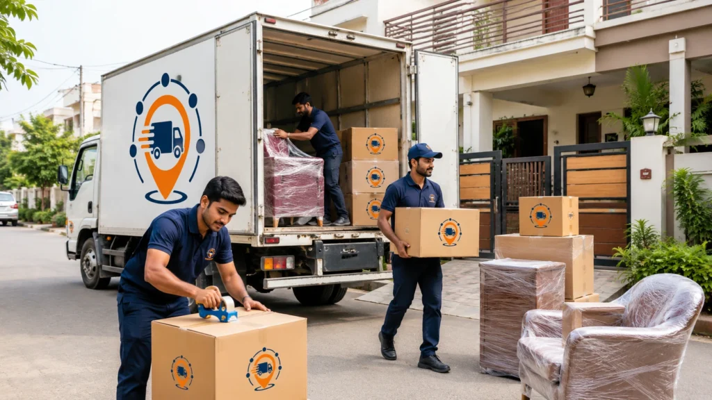 Packers and movers in Kavi Nagar loading packed boxes and furniture into a relocation truck outside a home