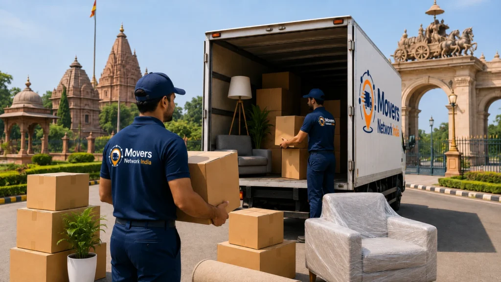 Packers and movers in Kurukshetra loading household goods into a branded moving truck near a local temple landmark.