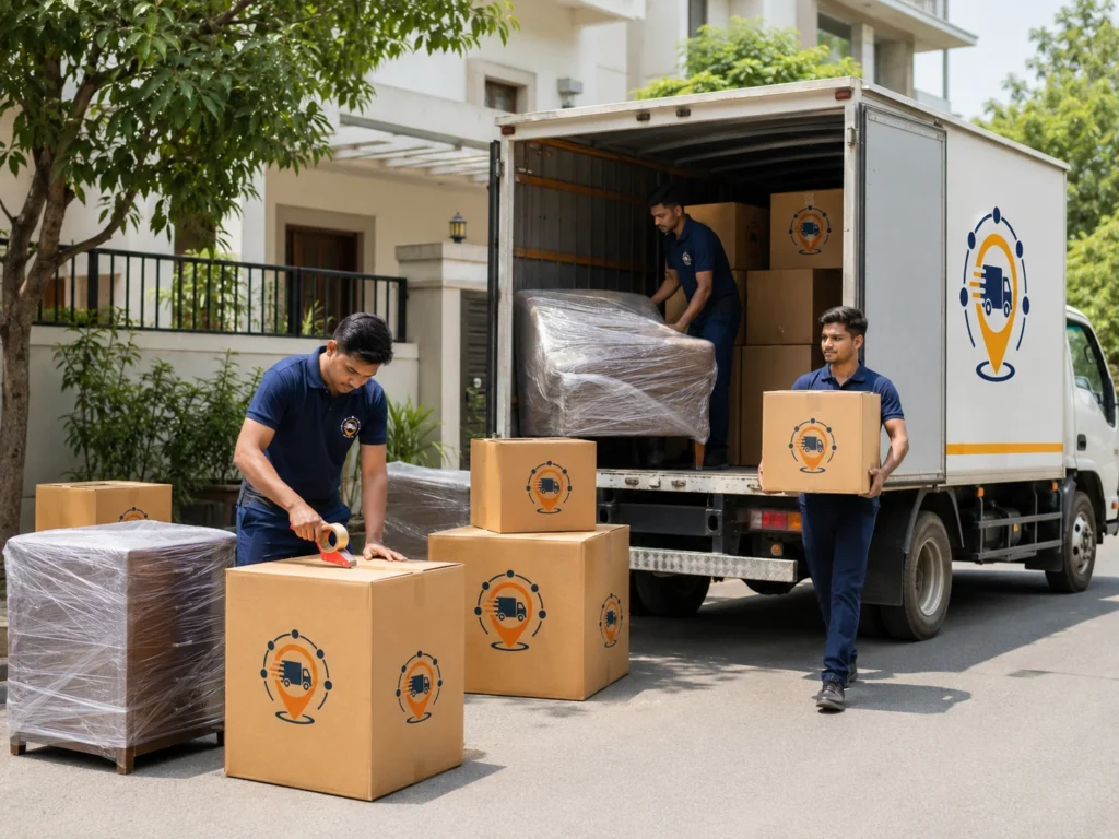 Packers and movers in Loni loading packed boxes and wrapped furniture into a moving truck