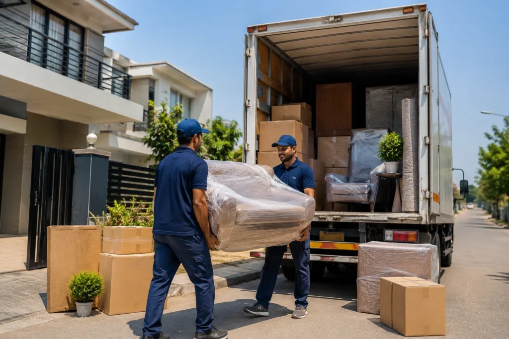 Packers and movers in Meerut loading wrapped furniture and boxes into a moving truck outside a residential house.