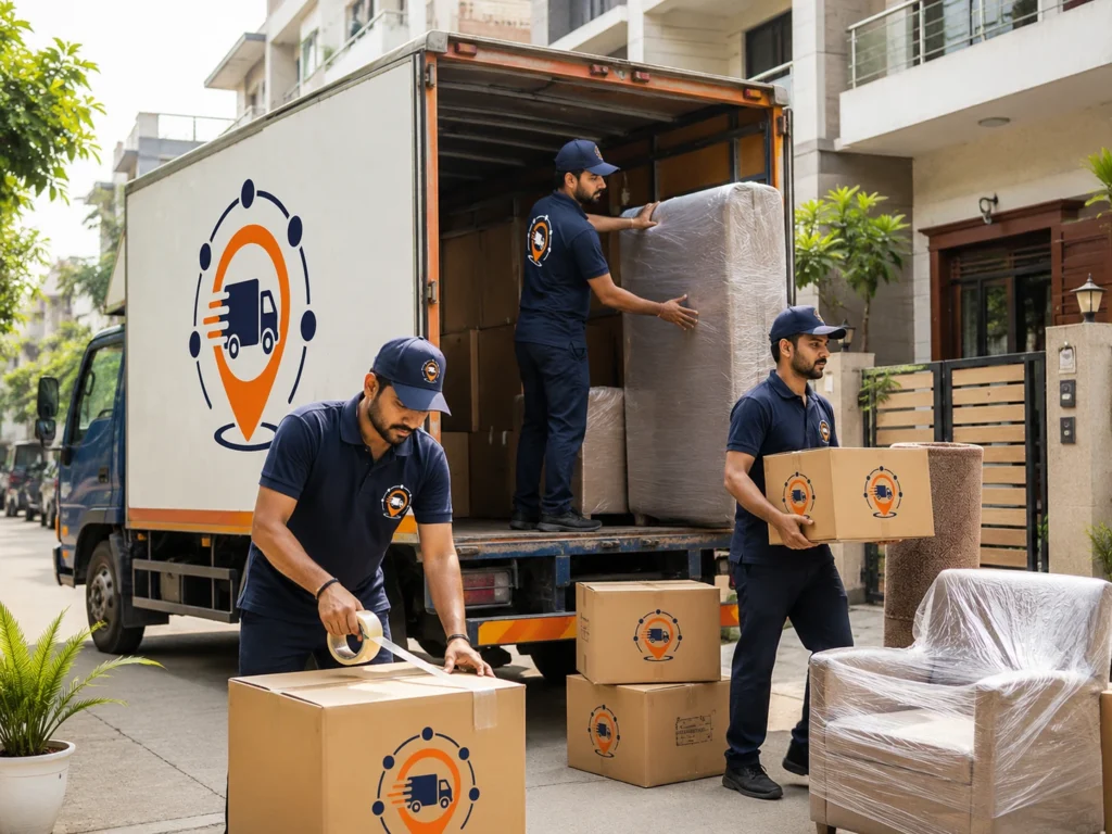 Packers and movers in Modinagar loading wrapped furniture and moving boxes into a truck