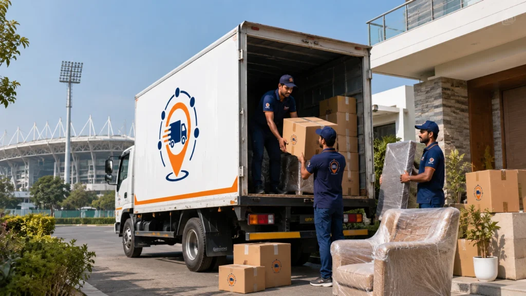 Packers and movers in Mohali loading packed boxes and furniture into a branded moving truck near Mohali cricket stadium.