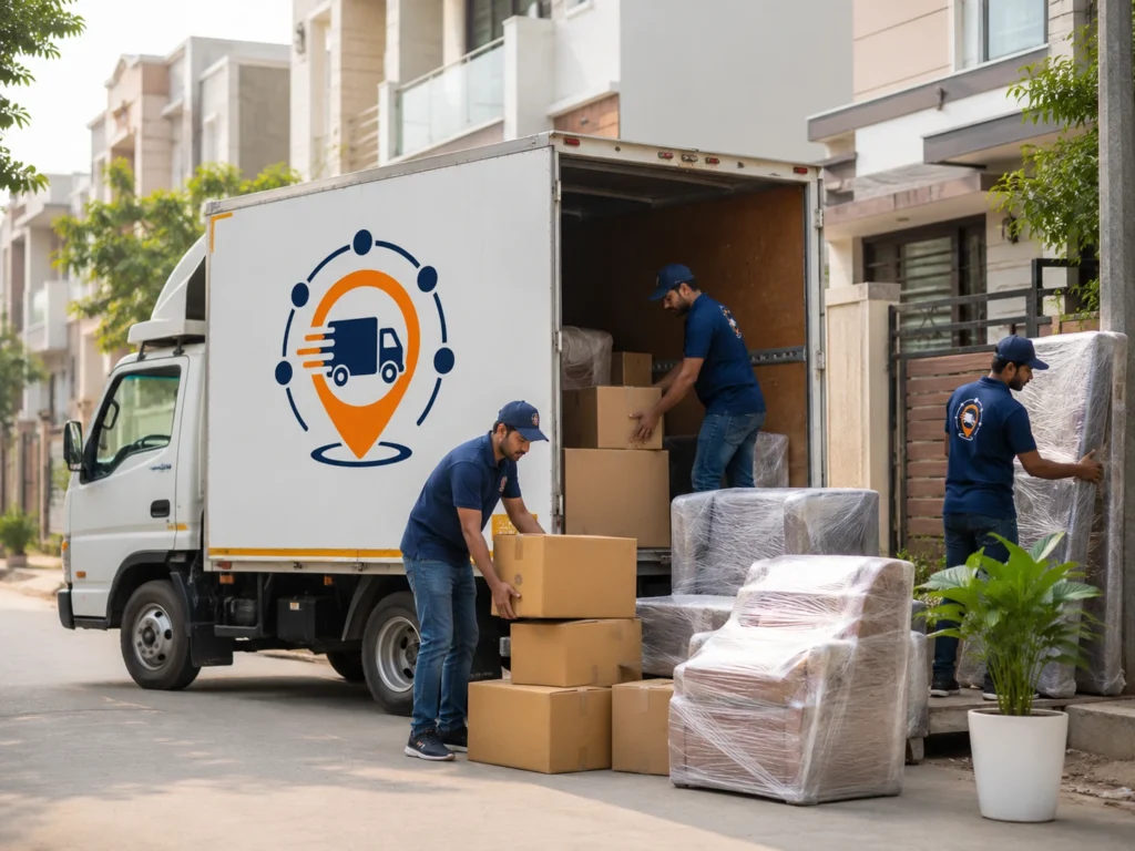 Packers and movers in Mohan Nagar loading household goods into a moving truck with packed furniture and boxes