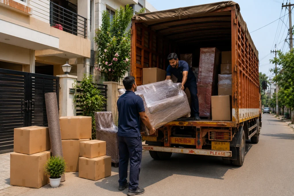 Packers and movers in Muzaffarnagar loading wrapped household furniture and boxes into a truck outside a residential house.