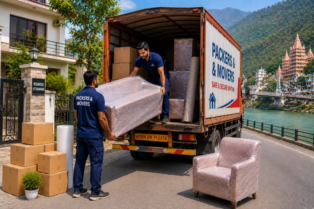 Packers and movers in Rishikesh loading wrapped furniture and boxes into an Indian relocation truck near a riverside residential area.