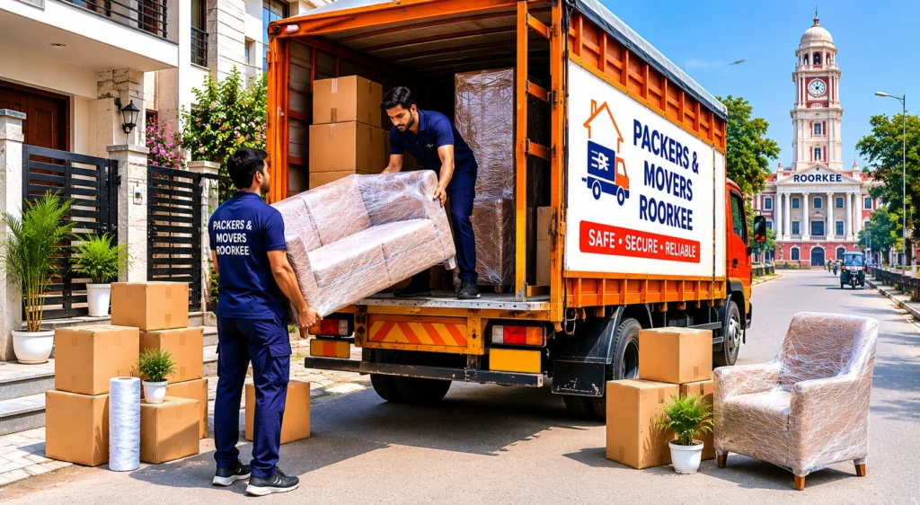 Packers and movers in Roorkee loading wrapped furniture and moving boxes into a relocation truck outside a residential house.