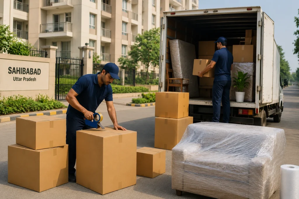 Packers and movers team loading packed boxes and wrapped furniture into a moving truck in Sahibabad.