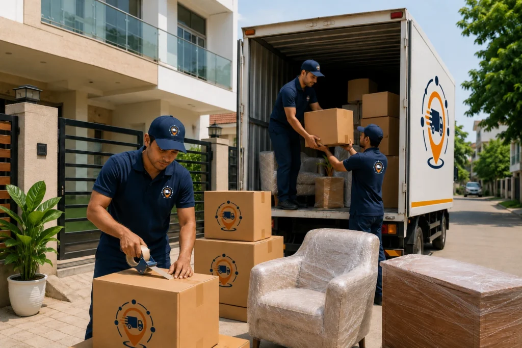 Packers and movers in Vijay Nagar shifting home items with logo on moving truck and packing boxes