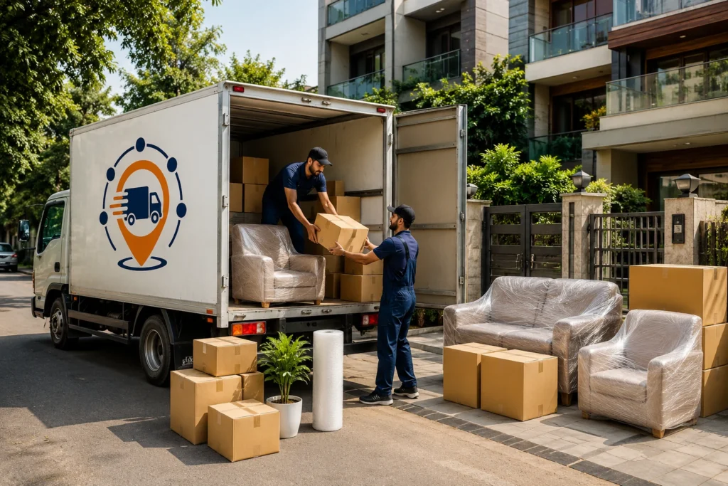 Movers Network India logo on a moving truck, with movers loading boxes and wrapped furniture outside a West Delhi apartment building.
